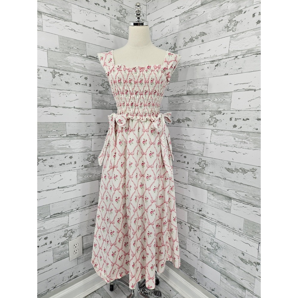 Ultramarine Pink White Lattice Floral Cottage Smocked Midi Dress Women S